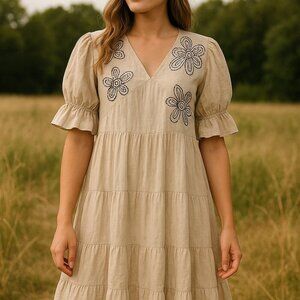 Bombay Paisley NWT Beige Embroidered Babydoll Mini Dress XS Cotton Blend